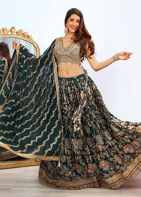 alt message - Mohey Women Stunning Teal Green Georgette Crop Top Lehenga with Jaal Border image number 0