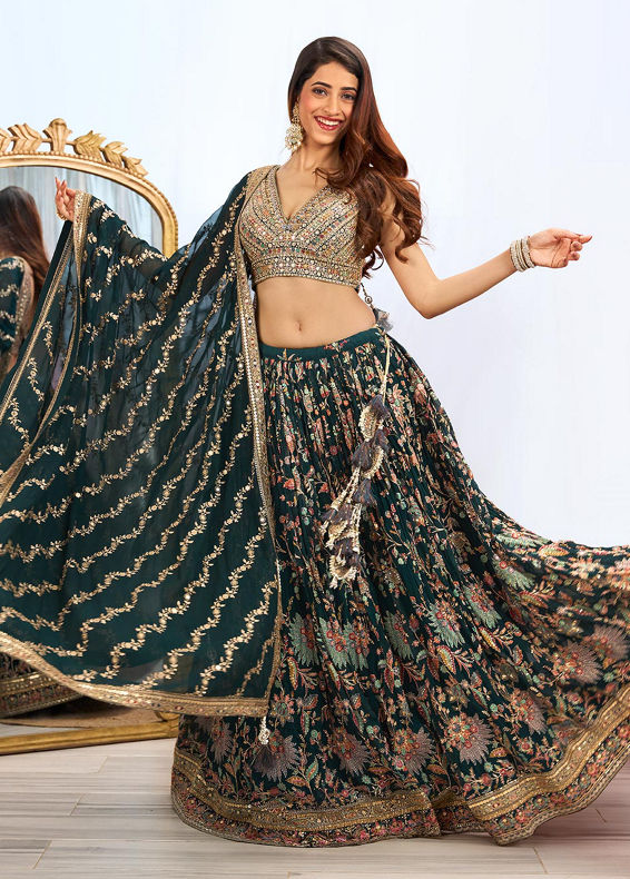 Mohey Women Stunning Teal Green Georgette Crop Top Lehenga with Jaal Border