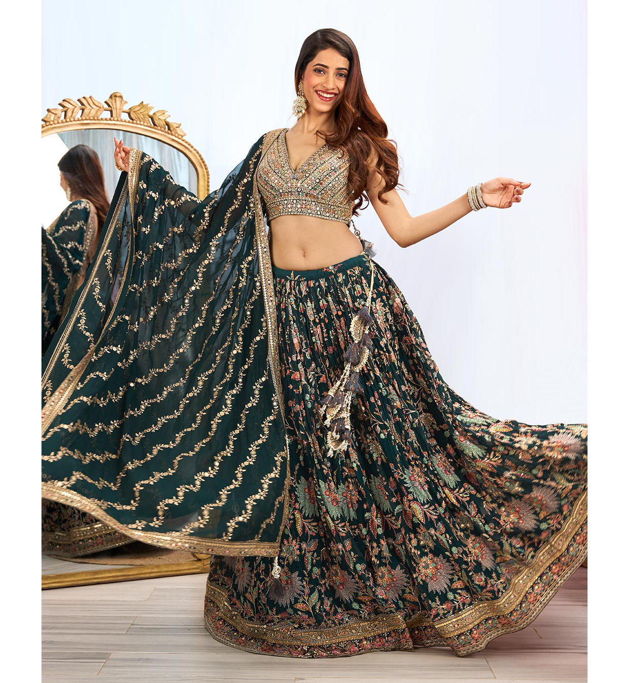 alt message - Mohey Women Stunning Teal Green Georgette Crop Top Lehenga with Jaal Border image number 0