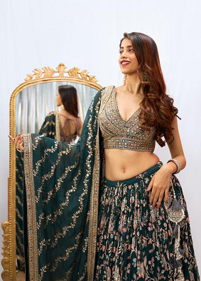 alt message - Mohey Women Stunning Teal Green Georgette Crop Top Lehenga with Jaal Border image number 1