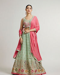 Mohey Women Pista Green Floral Buta Crop Top Lehenga with Peacock Motifs & Mirror Work