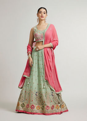 Mohey Women Pista Green Floral Buta Crop Top Lehenga with Peacock Motifs & Mirror Work image number 0