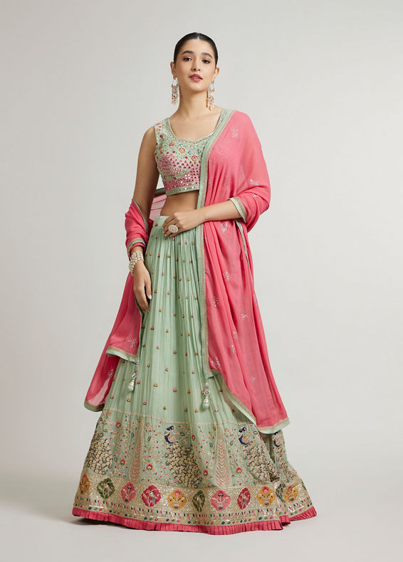 Mohey Women Pista Green Floral Buta Crop Top Lehenga with Peacock Motifs & Mirror Work