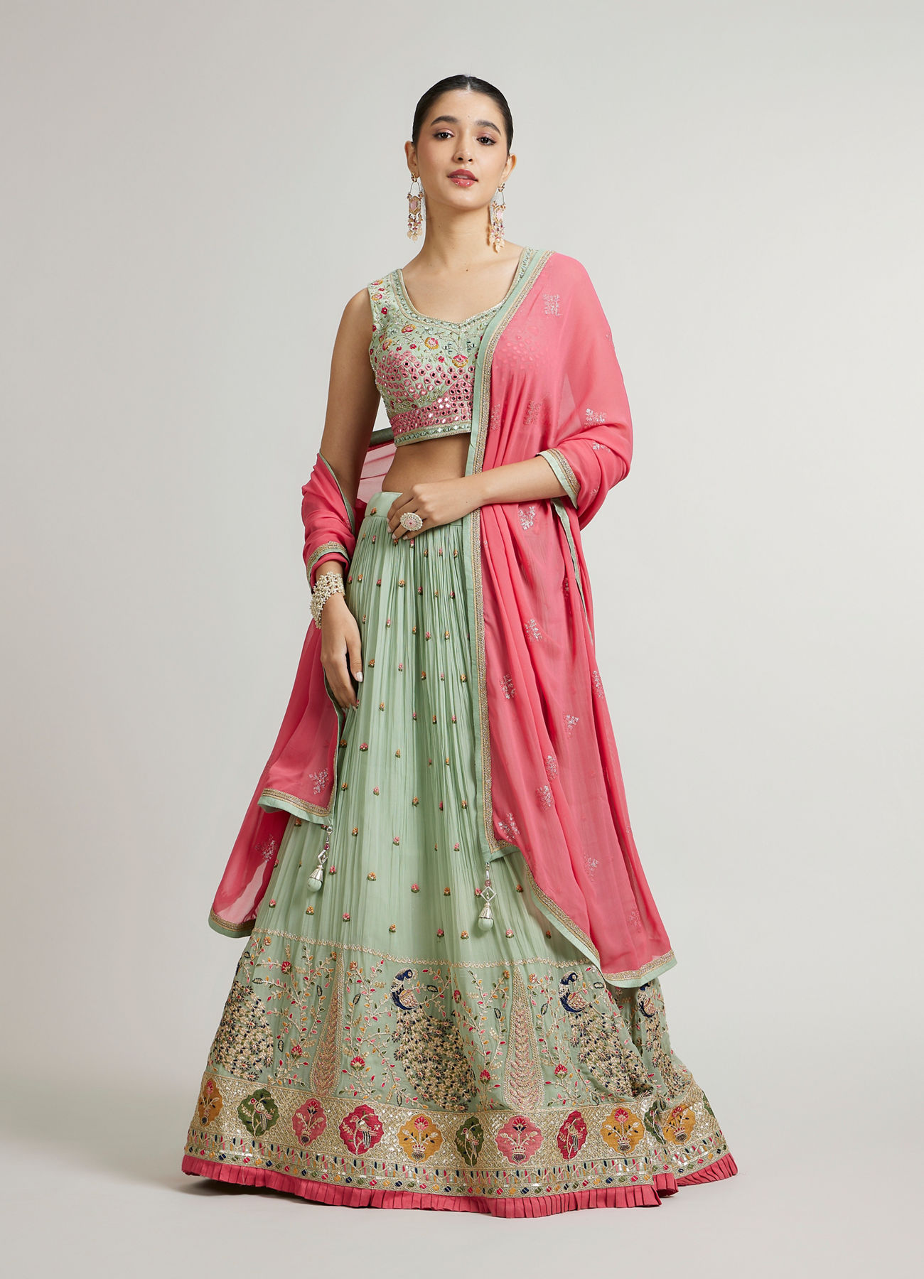 Mohey Women Pista Green Floral Buta Crop Top Lehenga with Peacock Motifs & Mirror Work