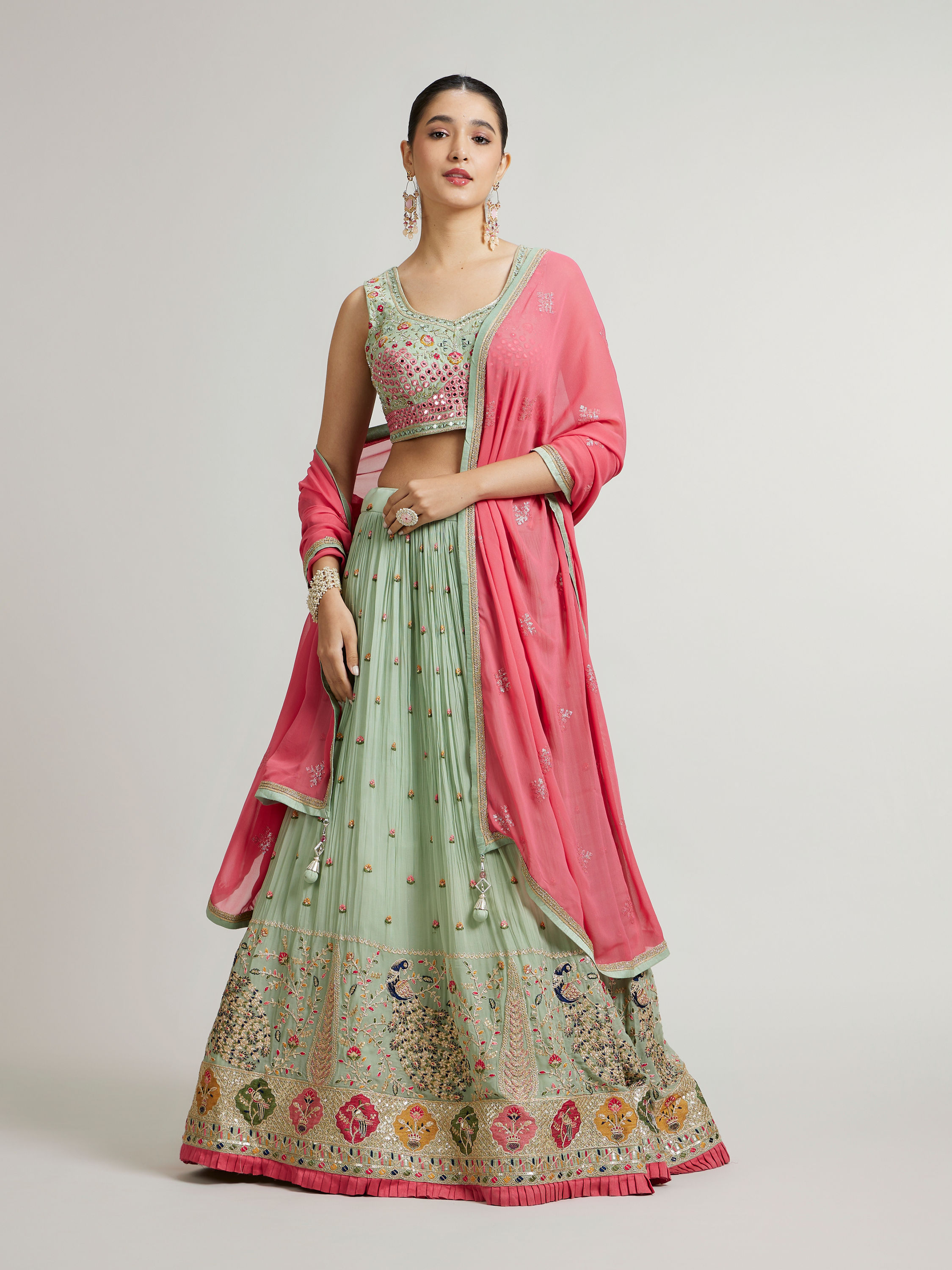 Mohey Women Pista Green Floral Buta Crop Top Lehenga with Peacock Motifs & Mirror Work