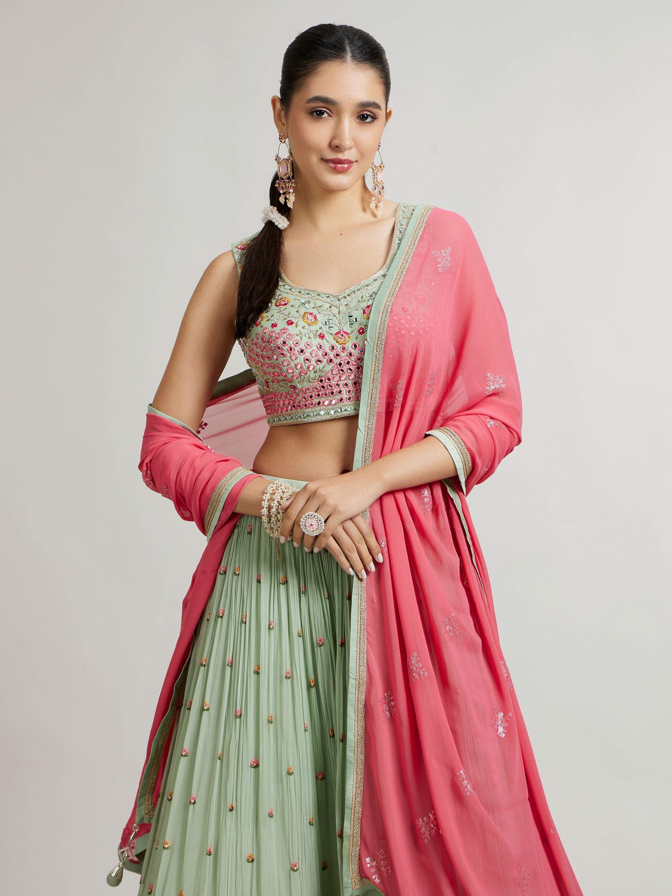 Mohey Women Pista Green Floral Buta Crop Top Lehenga with Peacock Motifs & Mirror Work