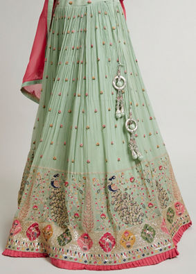 Mohey Women Pista Green Floral Buta Crop Top Lehenga with Peacock Motifs & Mirror Work image number 3