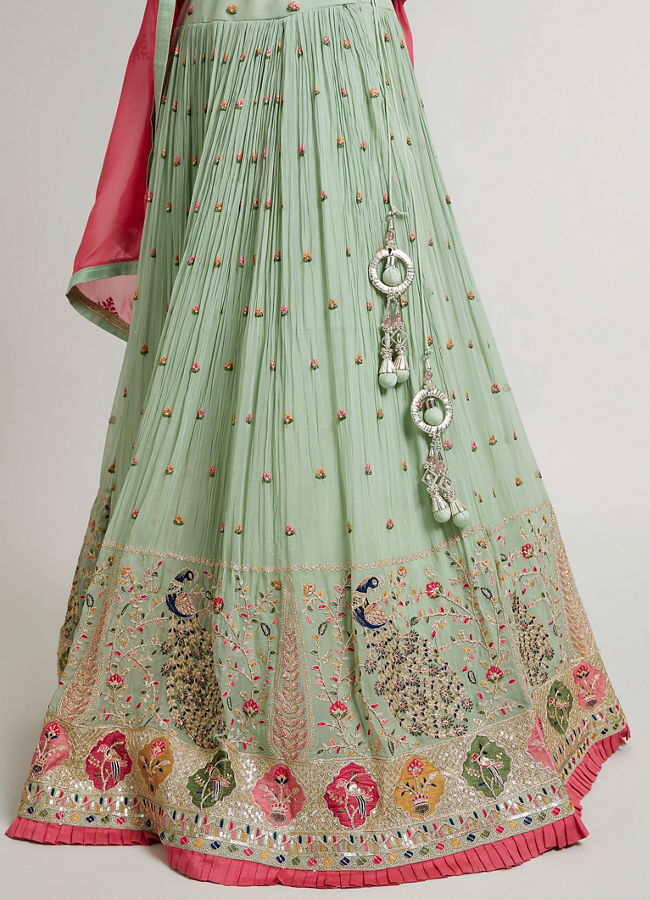 Mohey Women Pista Green Floral Buta Crop Top Lehenga with Peacock Motifs & Mirror Work