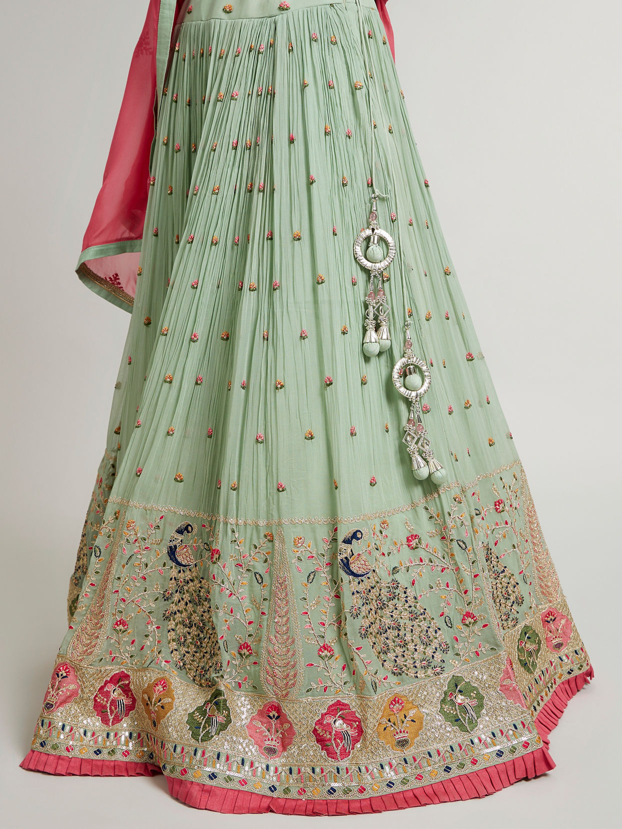 Mohey Women Pista Green Floral Buta Crop Top Lehenga with Peacock Motifs & Mirror Work