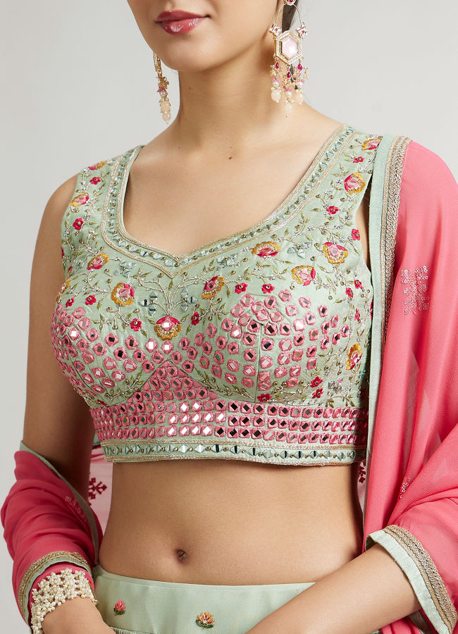 Mohey Women Pista Green Floral Buta Crop Top Lehenga with Peacock Motifs & Mirror Work