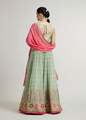 Mohey Women Pista Green Floral Buta Crop Top Lehenga with Peacock Motifs & Mirror Work image number 5