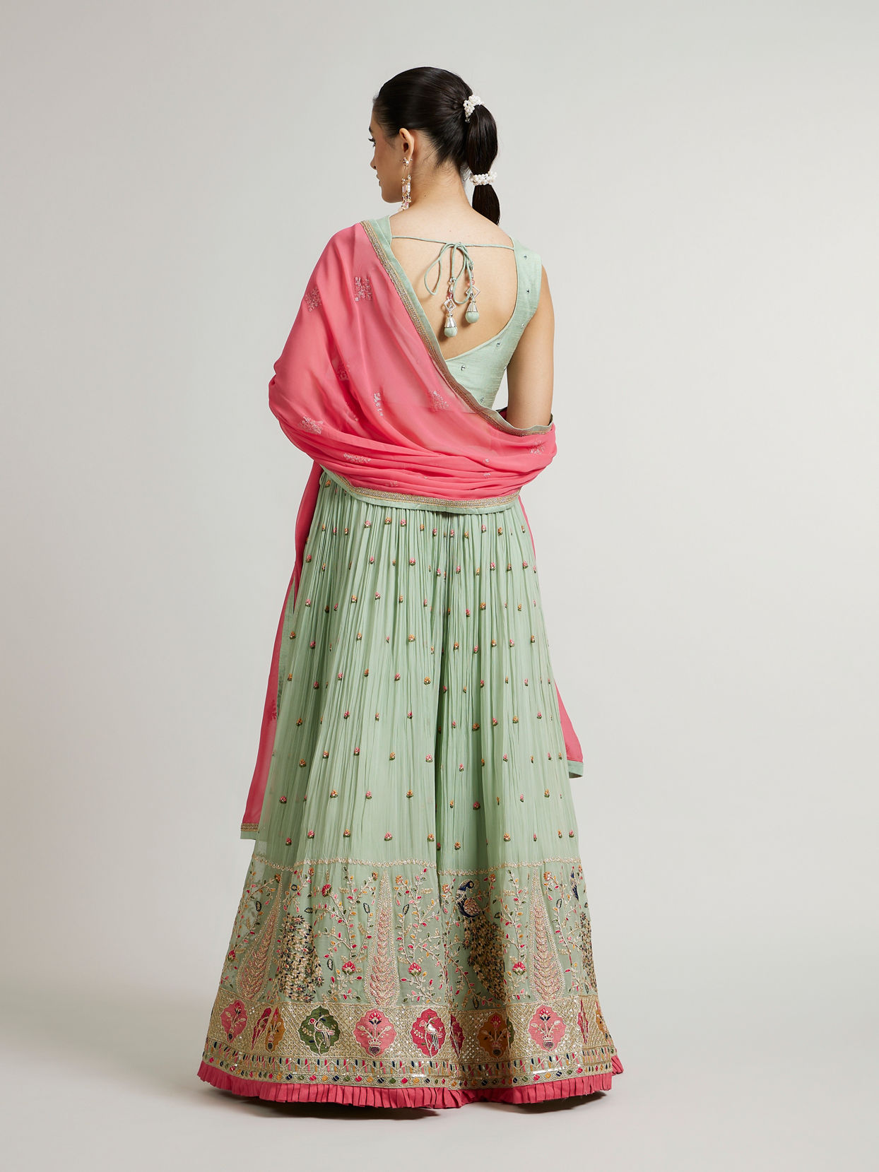 Mohey Women Pista Green Floral Buta Crop Top Lehenga with Peacock Motifs & Mirror Work