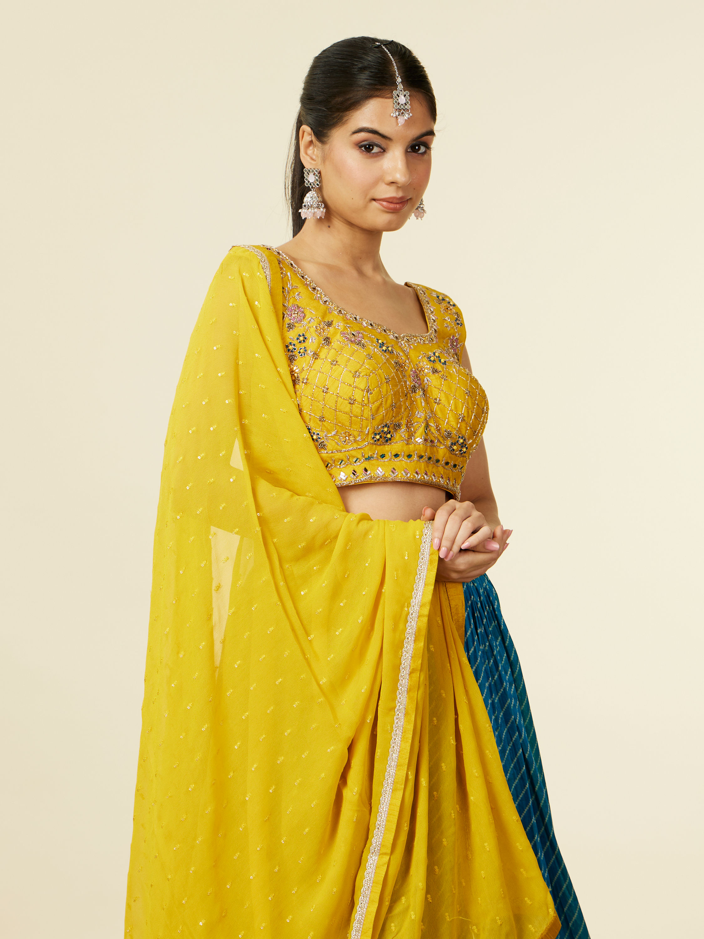 Mohey Women Yellow Art Silk Lehenga with Mirror Work
