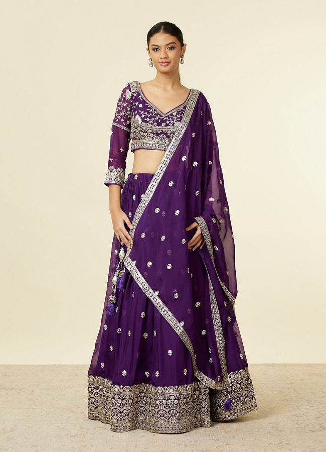 alt message - Mohey Women Purple Organza Lehenga with Embroidery image number 0