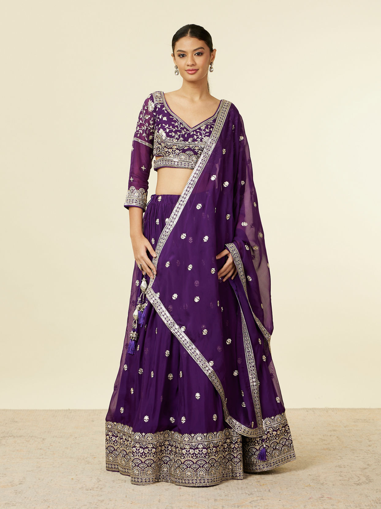 alt message - Mohey Women Purple Organza Lehenga with Embroidery image number 0