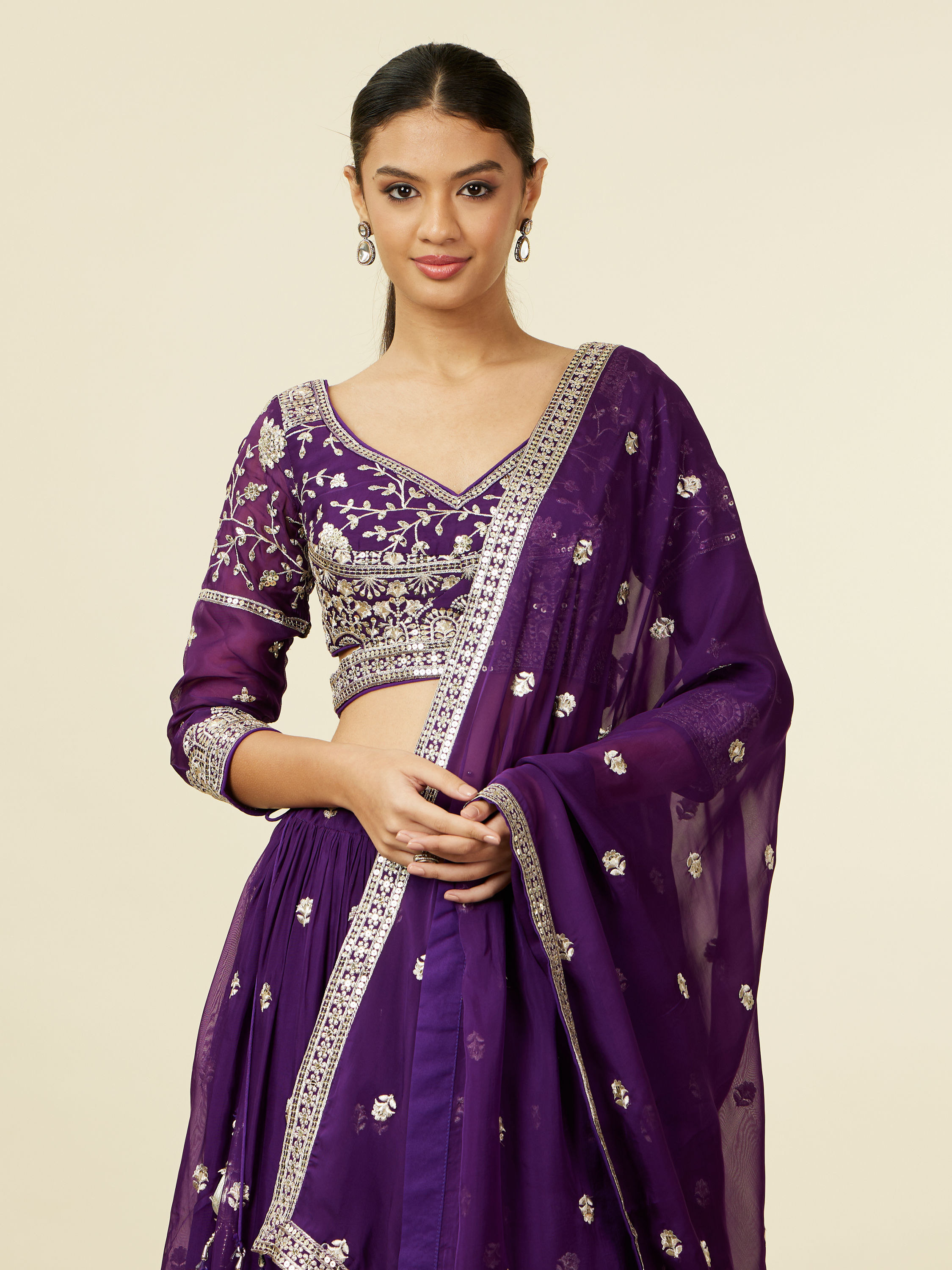 Mohey Women Purple Organza Lehenga with Embroidery