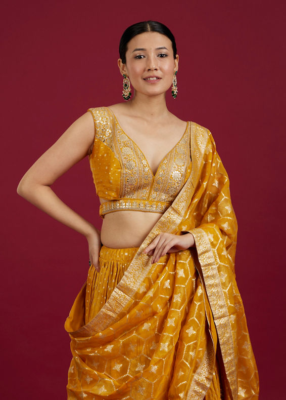 Mohey Women Mustard Art Silk Lehenga with Embroidery