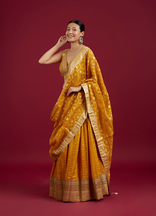 Mohey Women Mustard Art Silk Lehenga with Embroidery