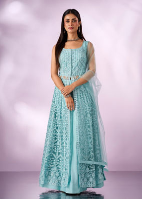 Mohey Women Light Blue Net Anarkali Suit with Embroidery