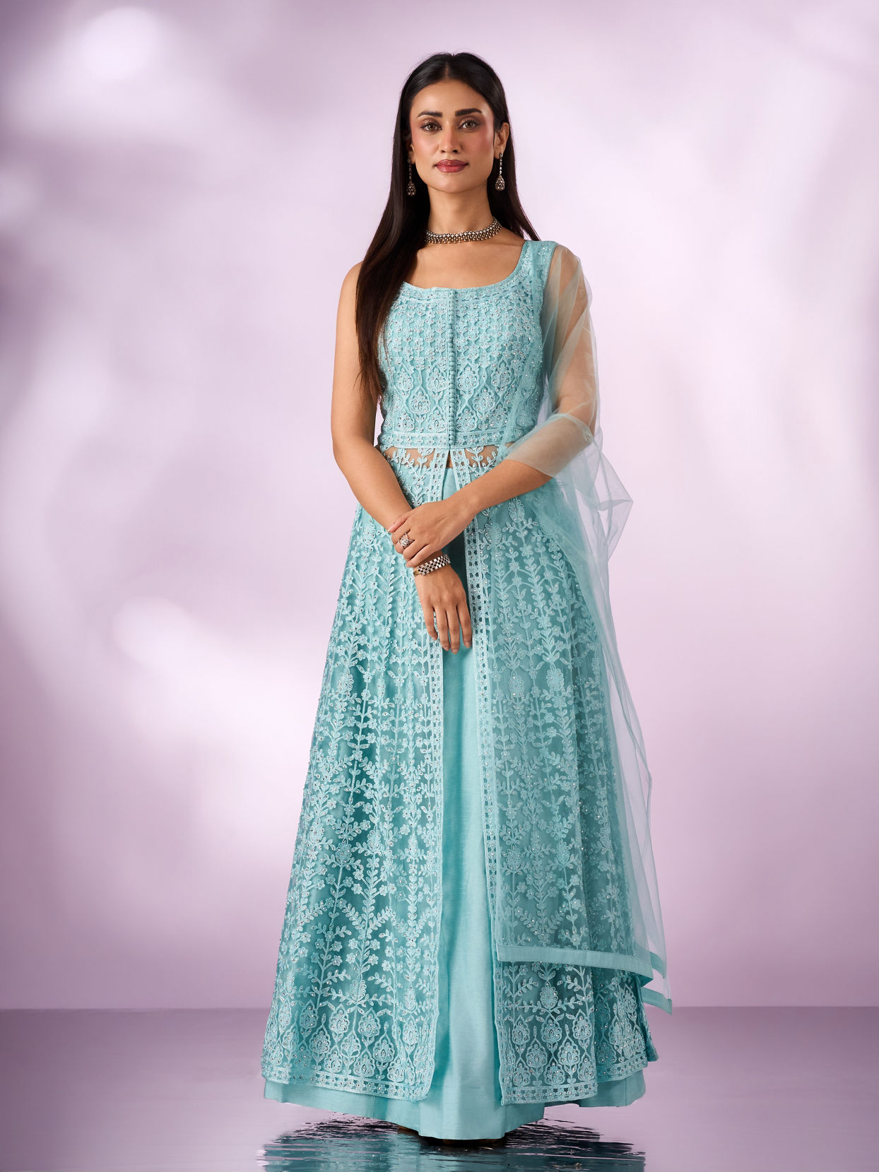 Mohey Women Light Blue Net Anarkali Suit with Embroidery