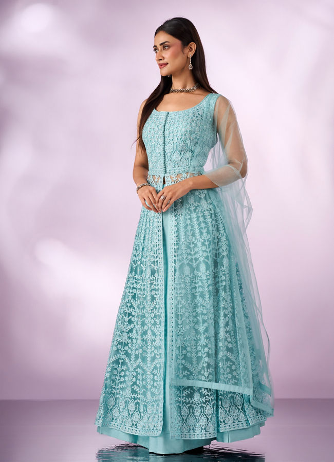 Mohey Women Light Blue Net Anarkali Suit with Embroidery