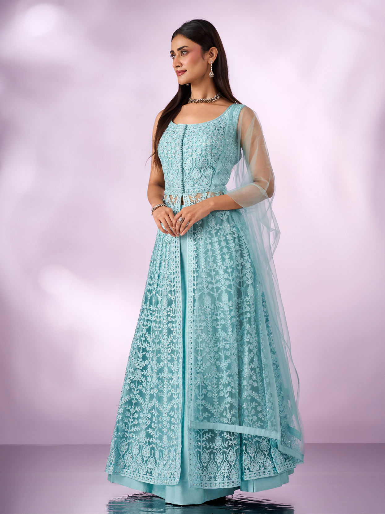 Mohey Women Light Blue Net Anarkali Suit with Embroidery