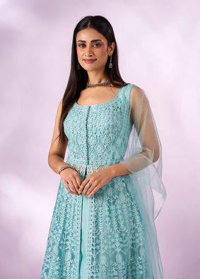Mohey Women Light Blue Net Anarkali Suit with Embroidery