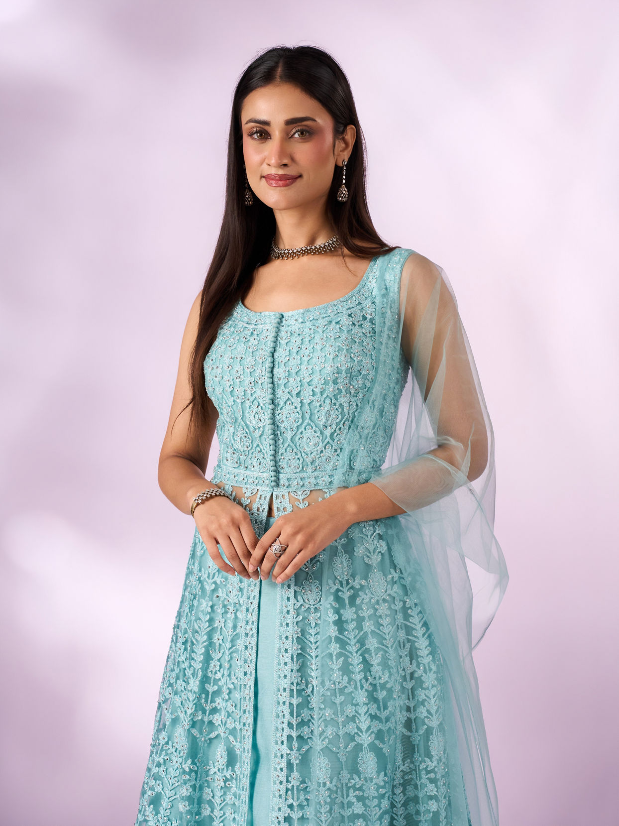 Mohey Women Light Blue Net Anarkali Suit with Embroidery