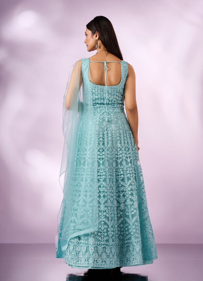 Mohey Women Light Blue Net Anarkali Suit with Embroidery