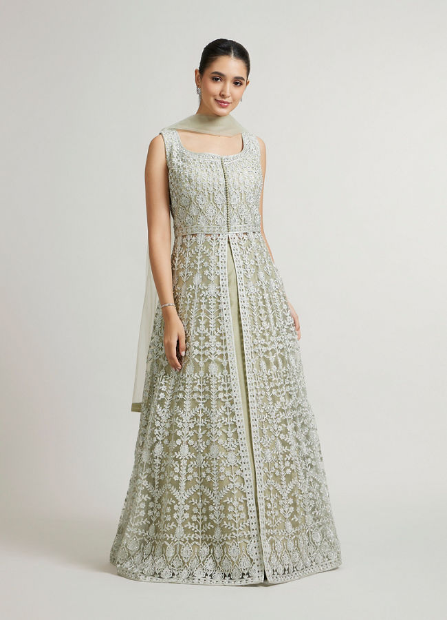 Mohey Women Sage Mist Embroidered Anarkali Suit with Rhinestone Work