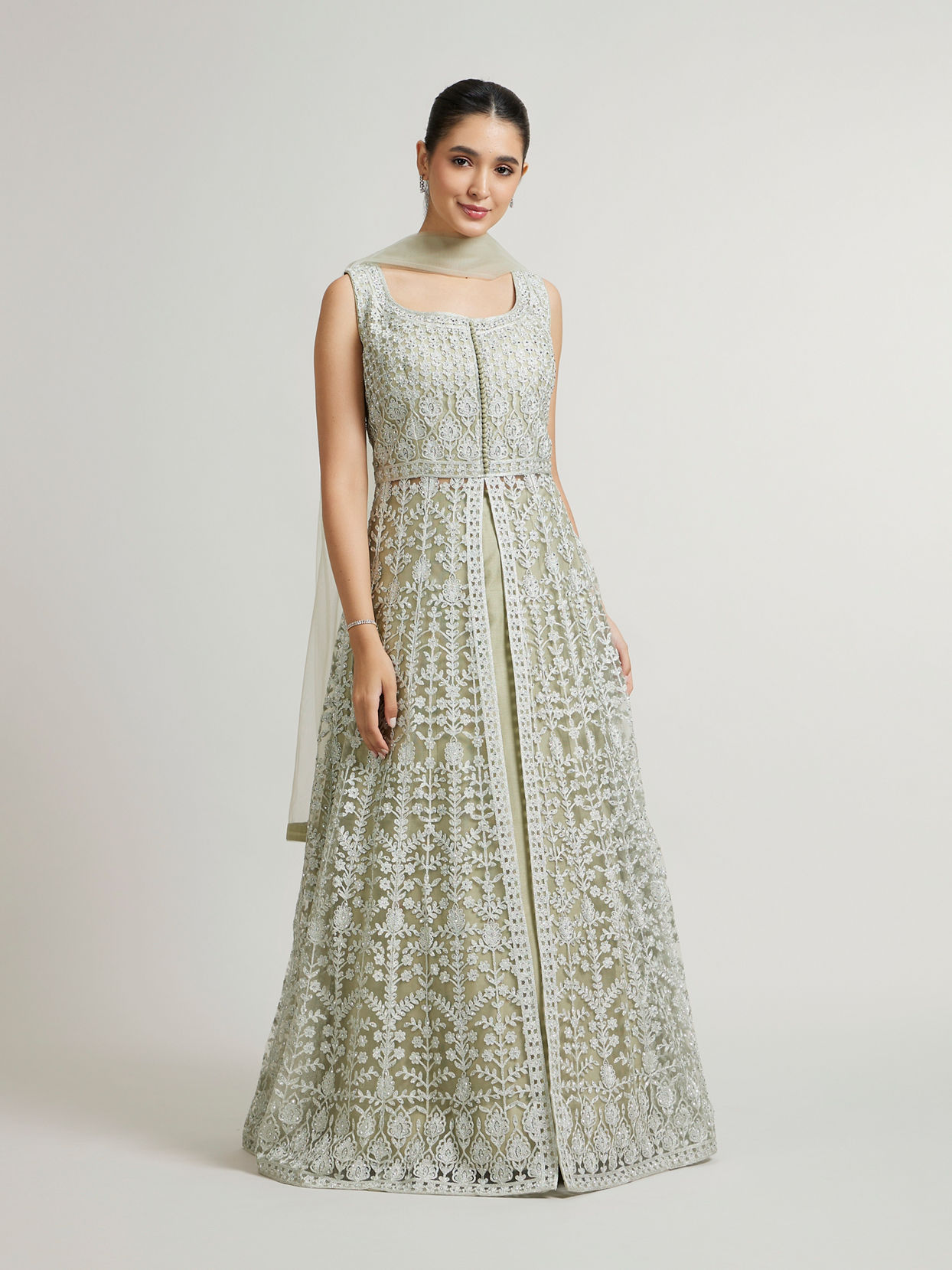Mohey Women Sage Mist Embroidered Anarkali Suit with Rhinestone Work