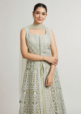 Mohey Women Sage Mist Embroidered Anarkali Suit with Rhinestone Work