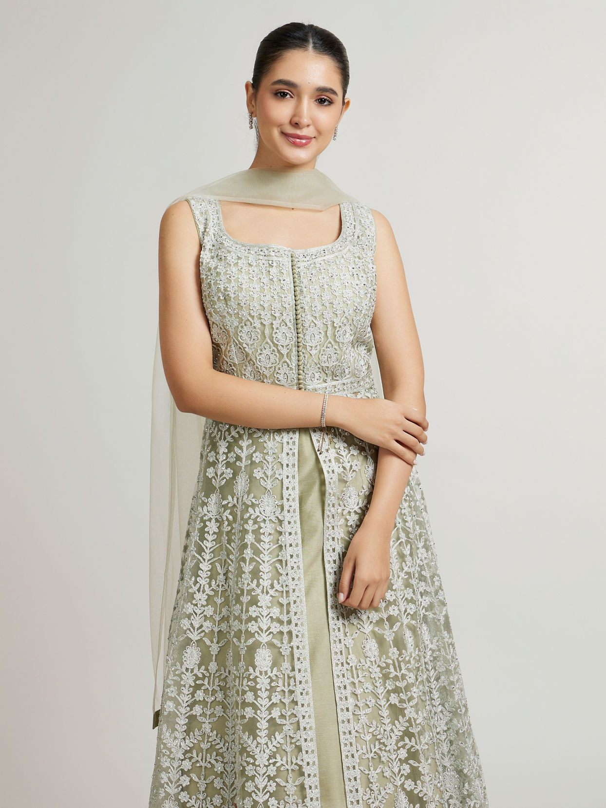 Mohey Women Sage Mist Embroidered Anarkali Suit with Rhinestone Work