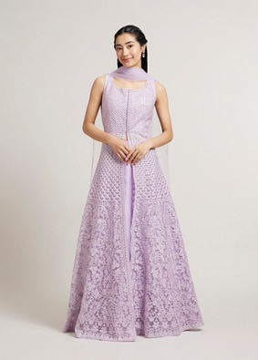 alt message - Mohey Women Soft Lilac Stitched Suit with Scallop Patterns & Bel Buti Embroidery image number 0