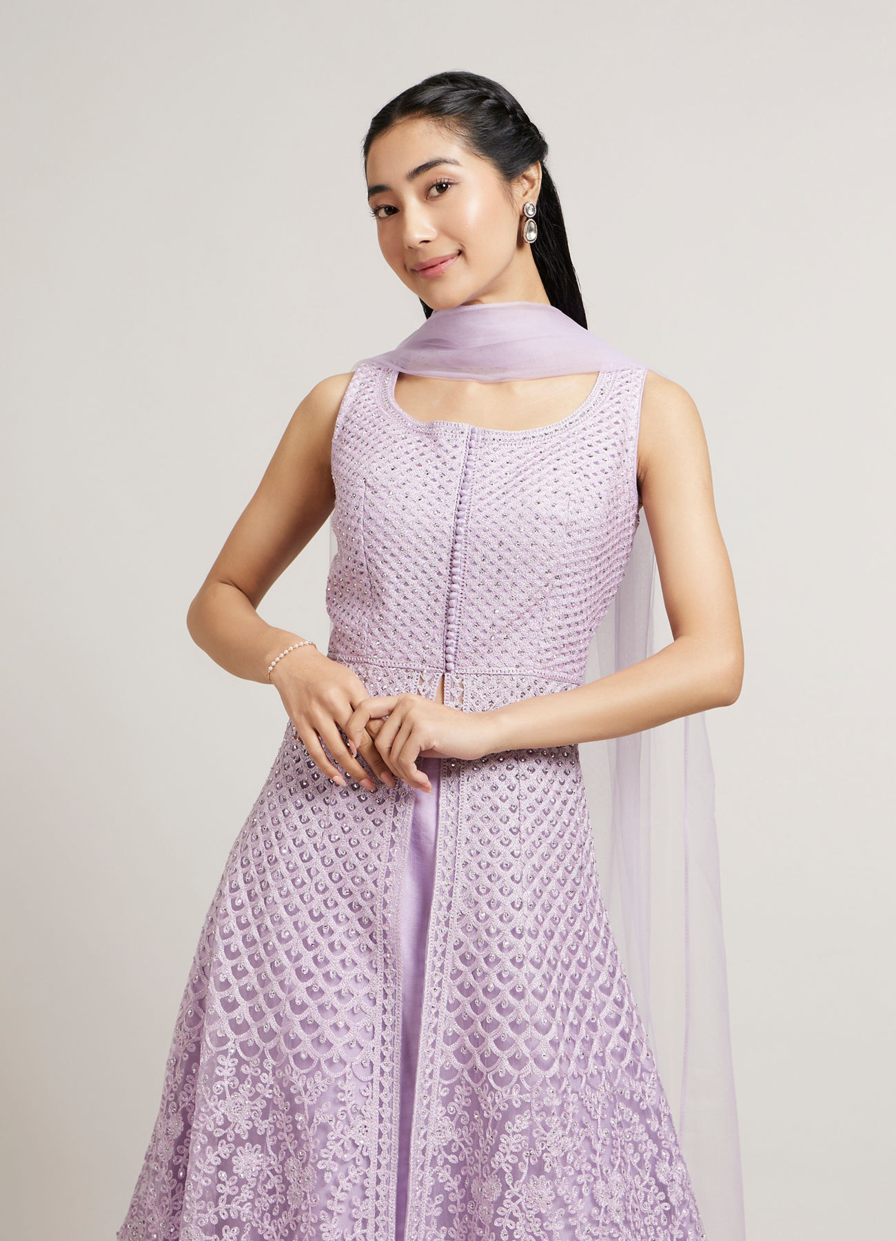 Mohey Women Soft Lilac with Scallop Patterns & Bel Buti Embroidery Anarkali Suit