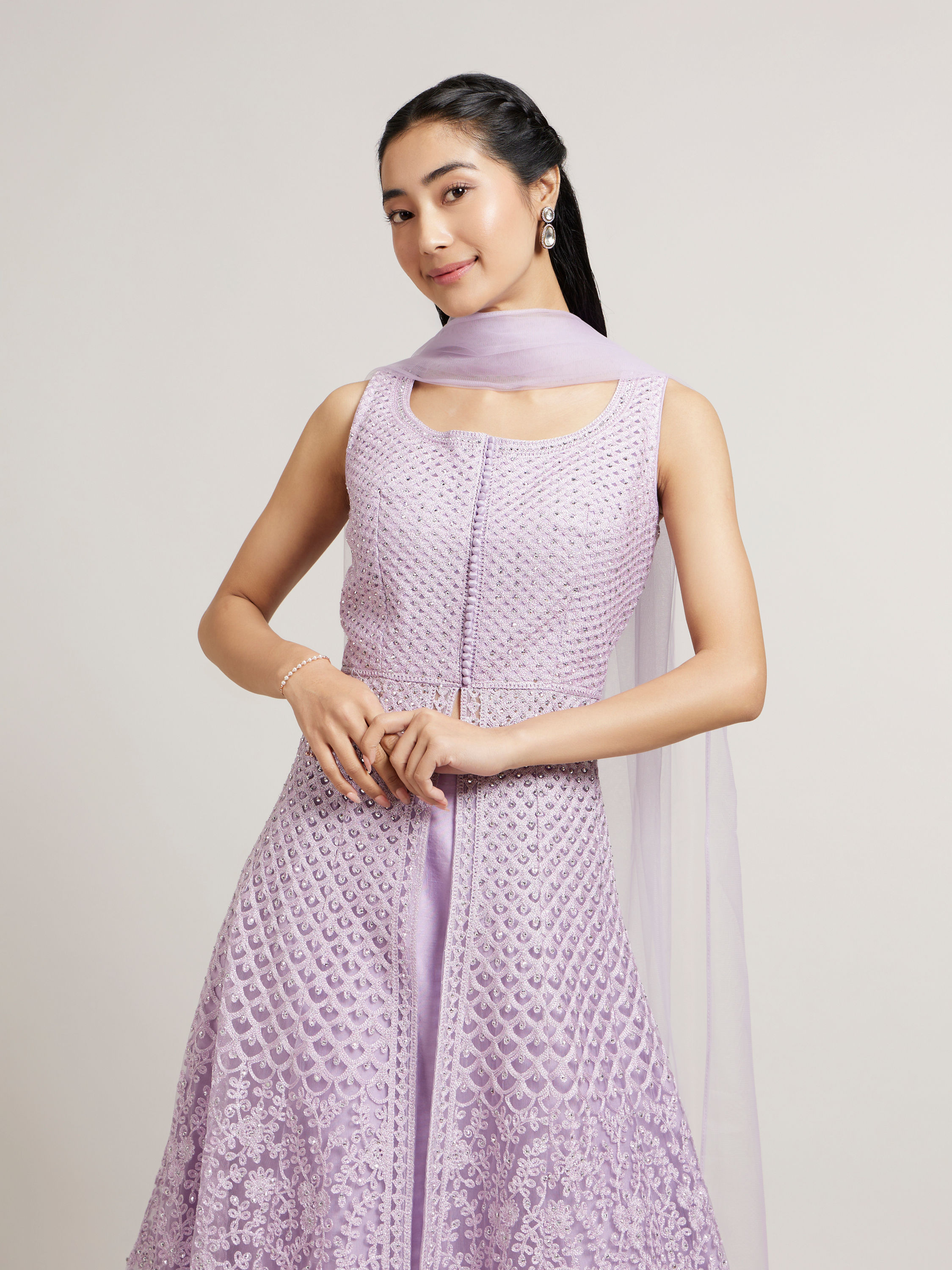Mohey Women Soft Lilac with Scallop Patterns & Bel Buti Embroidery Anarkali Suit