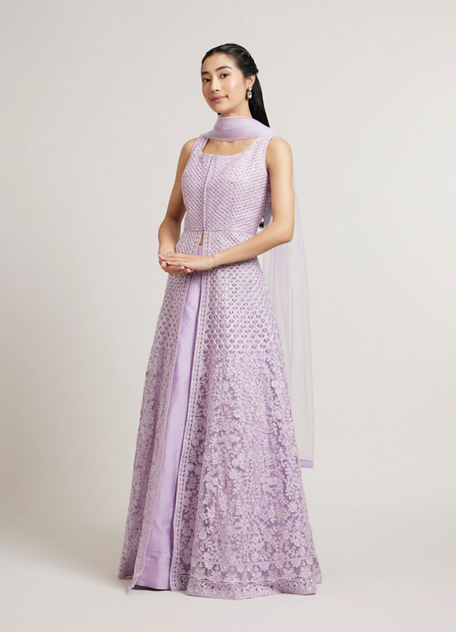 Mohey Women Soft Lilac with Scallop Patterns & Bel Buti Embroidery Anarkali Suit