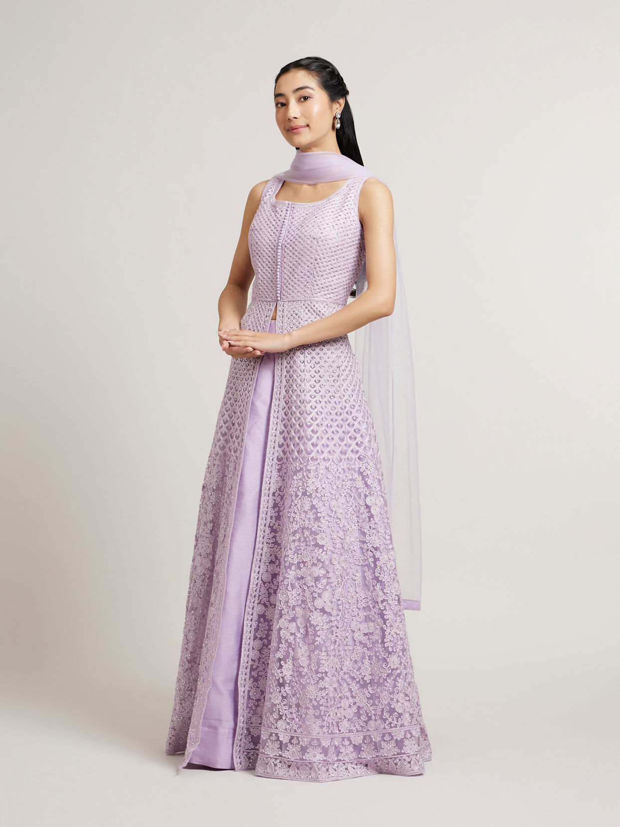 Mohey Women Soft Lilac with Scallop Patterns & Bel Buti Embroidery Anarkali Suit