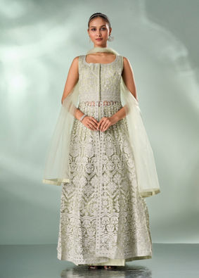 Mohey Women Green Net Anarkali Suit with Embroidery