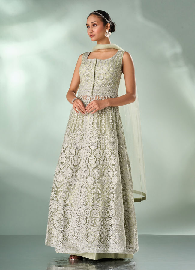 Mohey Women Green Net Anarkali Suit with Embroidery
