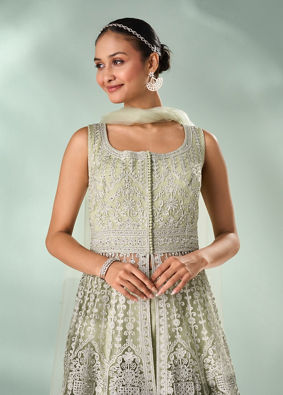 Mohey Women Green Net Anarkali Suit with Embroidery