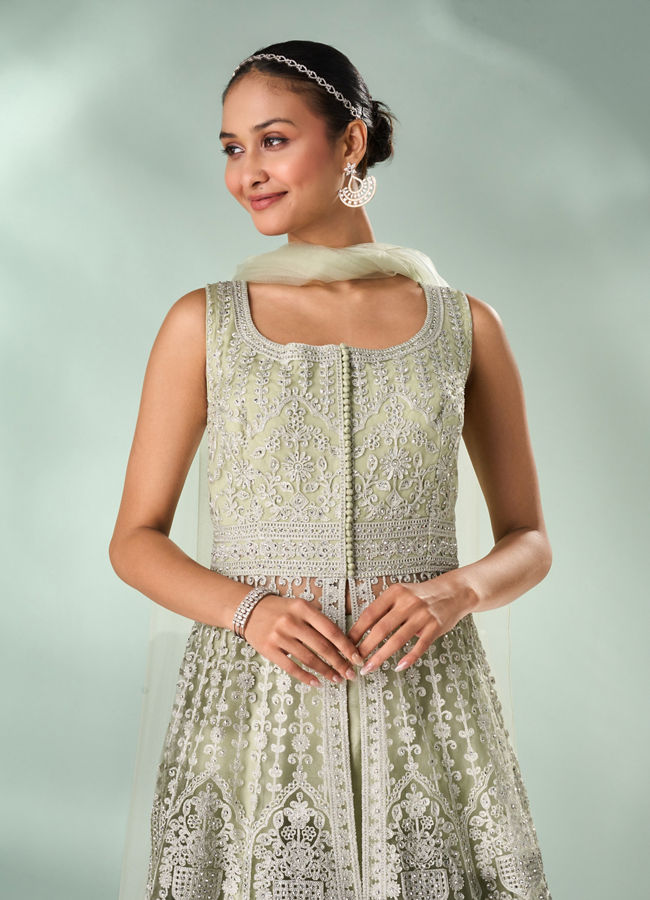 Mohey Women Green Net Anarkali Suit with Embroidery