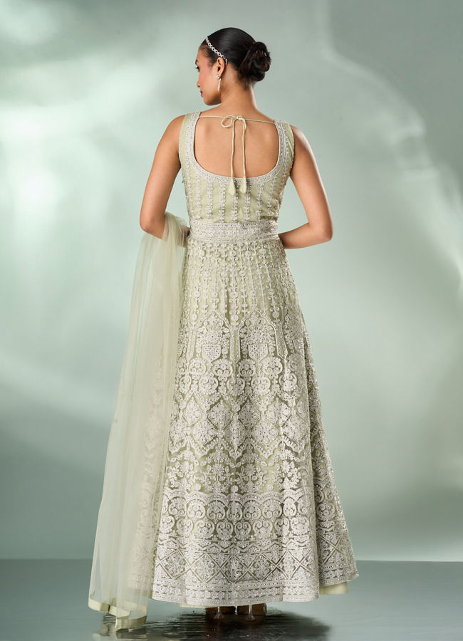 Mohey Women Green Net Anarkali Suit with Embroidery