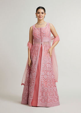 Mohey Women Coral Pink  Embroidered Anarkali Suit with Rhinestone Work