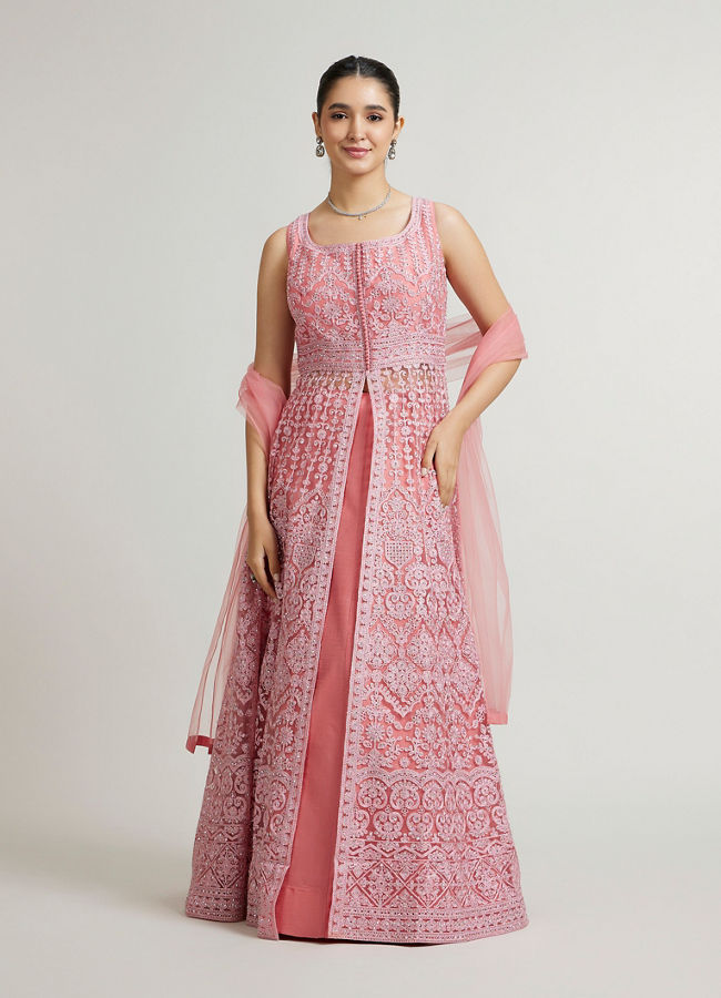 Mohey Women Coral Pink  Embroidered Anarkali Suit with Rhinestone Work