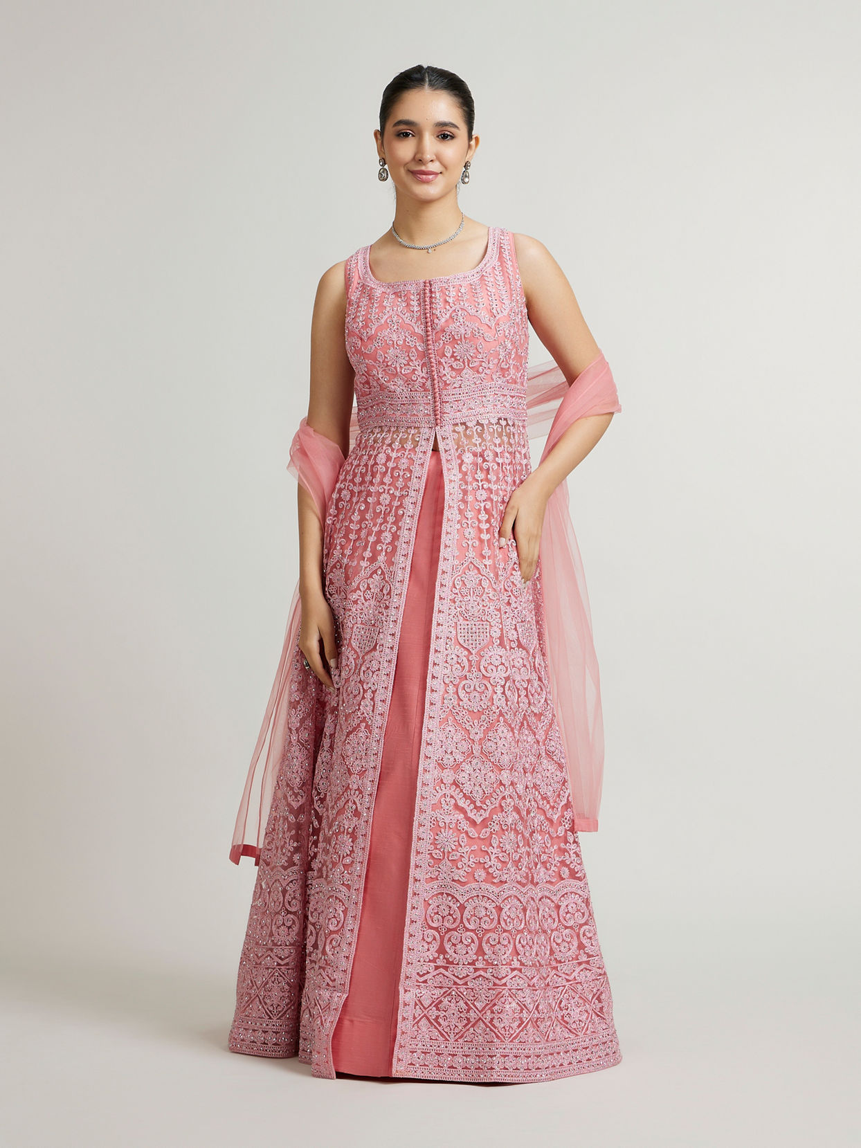 Mohey Women Coral Pink  Embroidered Anarkali Suit with Rhinestone Work