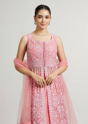 Mohey Women Coral Pink  Embroidered Anarkali Suit with Rhinestone Work