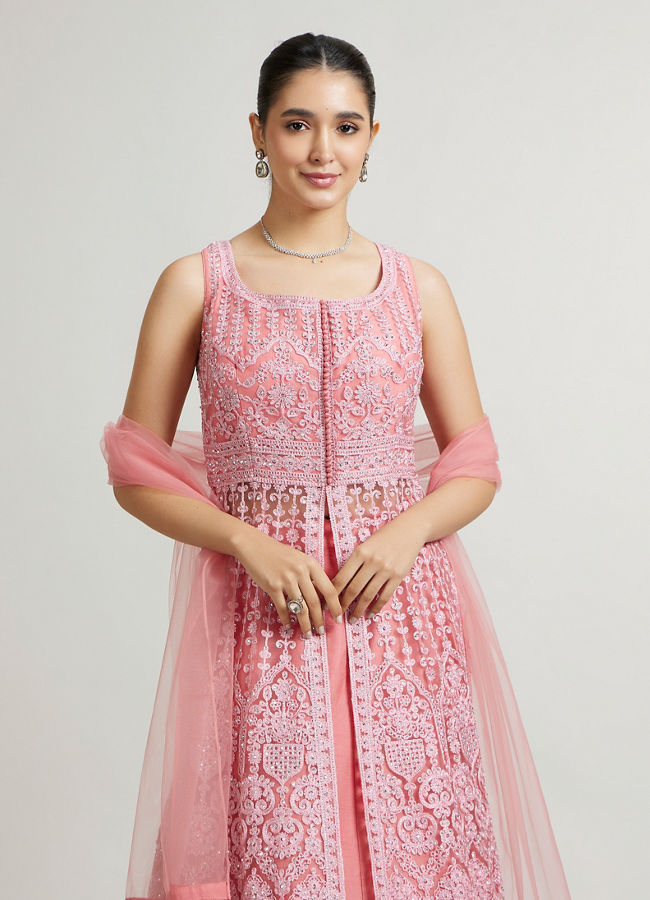Mohey Women Coral Pink  Embroidered Anarkali Suit with Rhinestone Work