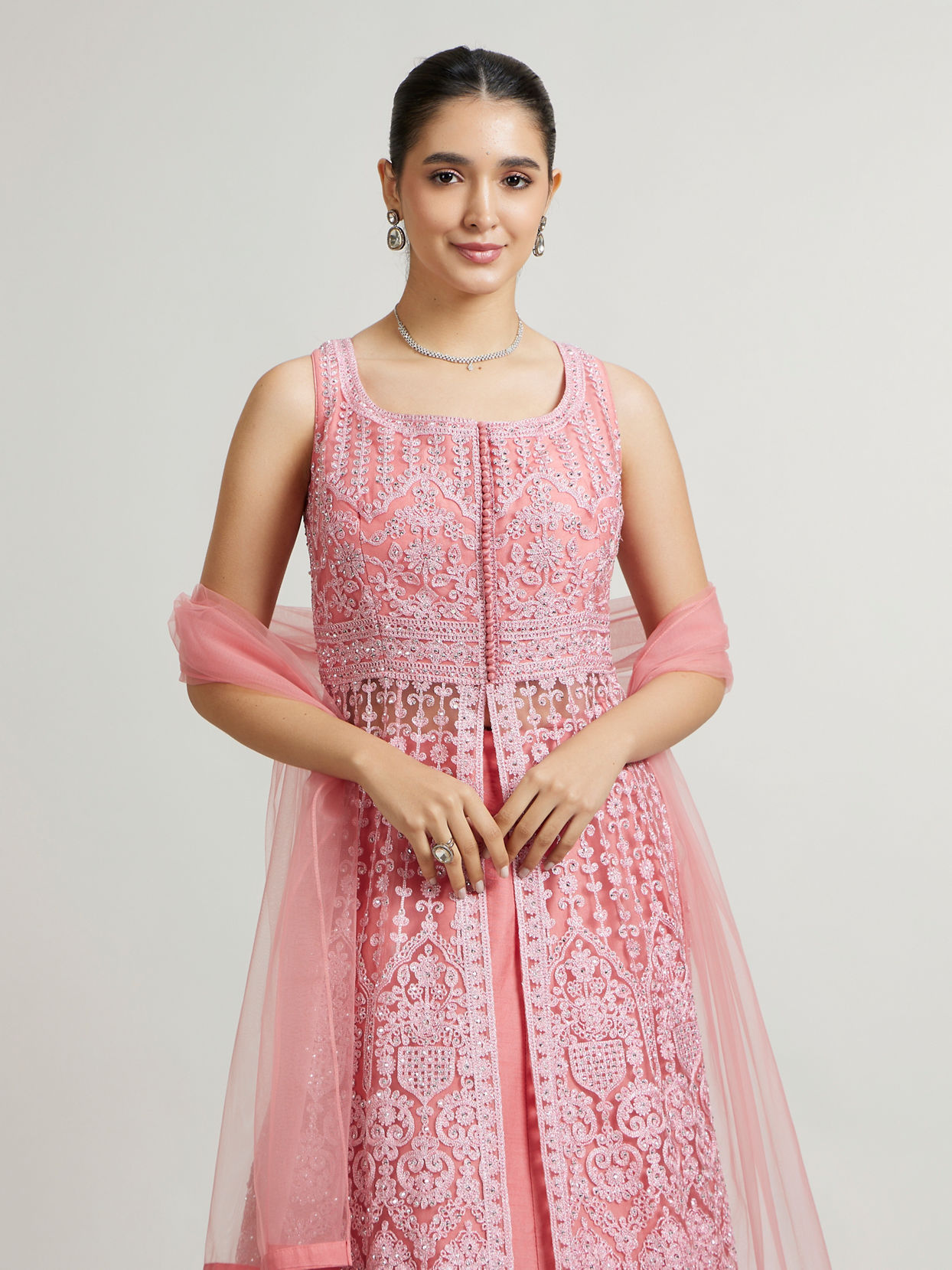 Mohey Women Coral Pink  Embroidered Anarkali Suit with Rhinestone Work
