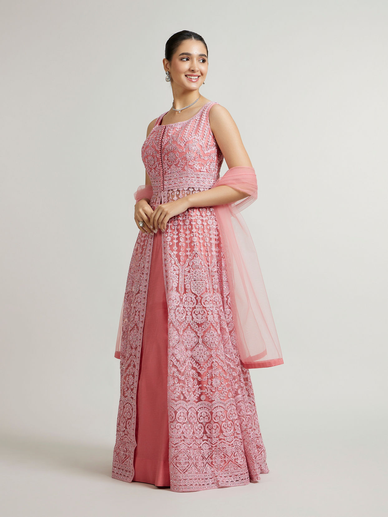 Mohey Women Dusty Pink Floral & Leaf Embroidered Anarkali Suit with Rhinestone Work